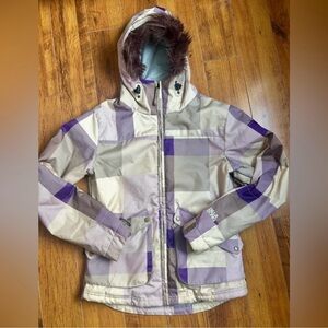 Billabong Purple and Cream Plaid Hooded Snow Jacket